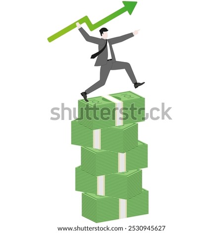 A businessman aiming and throwing a green arrow like a javelin on banknotes stack. Growth, investment, financial success, business ambition, market opportunity, target goal, and wealth strategy.