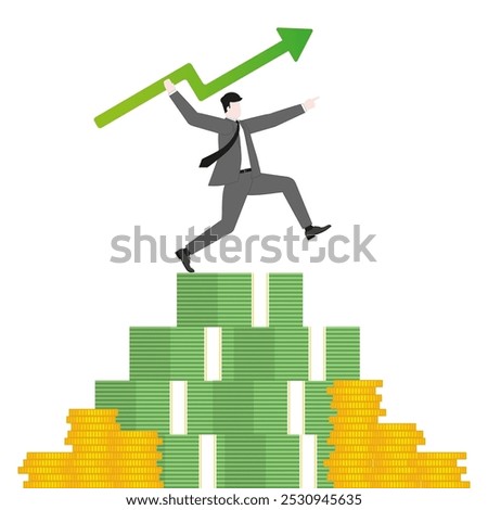 A businessman aiming and throwing a green arrow like a javelin on money stack. Growth, investment, financial success, business ambition, market opportunity, target goal, and wealth strategy.