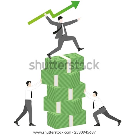 A businessman throwing a green arrow like a javelin on banknotes stack with teamwork support. Investment, financial success, business ambition, market opportunity, target goal, and wealth strategy.