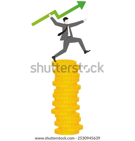 A businessman aiming and throwing a green arrow like a javelin on coins stack. Growth, investment, financial success, business ambition, market opportunity, target goal, and wealth strategy.