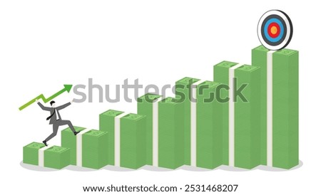 A businessman throws a green arrow like a javelin to a business goal on banknotes bar graph up. Financial success, ambition to target, investment strategy, performance at work, and career opportunity.