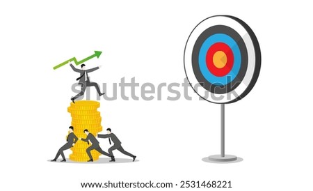 A businessman throws a green arrow like a javelin on coins stack to business goal. Teamwork of financial success, ambition to target, investment strategy, performance at work, and career opportunity.