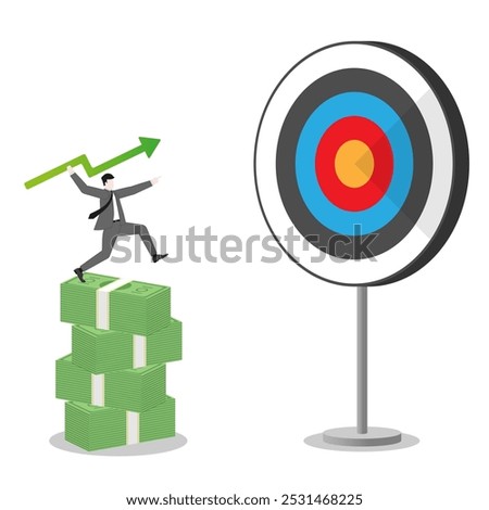 A businessman throws a green arrow like javelin on banknote stack to business goal. Concept of financial success, ambition to target, investment strategy, performance at work, and career opportunity.