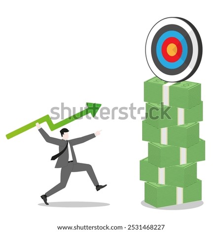 A businessman throws a green arrow like javelinto business goal on banknotes stack. Concept of financial success, ambition to target, investment strategy, performance at work, and career opportunity.