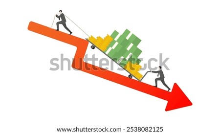 Business people drag a trolley full of cash on red arrow down, teamwork in business growth, income strategy, financial gain, economic wealth, revenue goal, and attempt investment in a market.