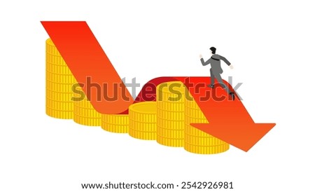 Businessman runs on a red arrow decrease down on a stack of coins. Business down, wealth creation, financial planning, investment goal, corporate development, economic achievement, profit and loss.