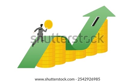 Businessman runs and holds coins on a green arrow graph rising on a stack of coins to coin slot. Growth, wealth create, financial, investment goal, corporate develop, economic, profit and loss.