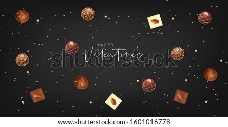 Realistic chocolate set, delicious dessert pattern, valentine's day, love banner, top view chocolate pralines collection, black and white chocolate vector illustration