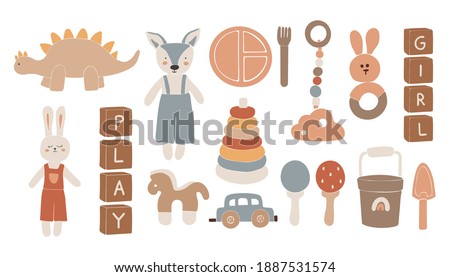 Baby boho toys, abstract boho toys, cute minimal plaything for children, toy clipart, vector toys set, wood elements for kids