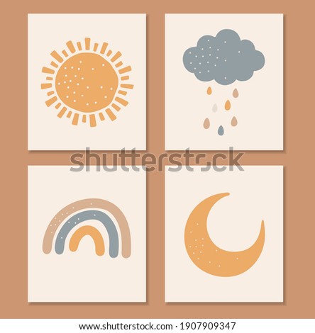Boho baby elements, abstrcat sun, moon, rainbow and cloud, cute baby vector, boho kids print, isolated elements, boho set, vector illustration