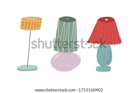 Vector collection of lamps with colorful shades. Illustration of vintage light fitting. Torchiere, floor lamp. Decorative element.