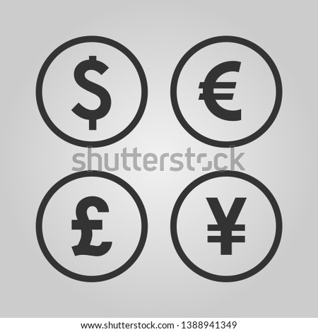 Dollar, Euro, Pound and Yen currency icons. USD, EUR, GBP and JPY money sign symbols. Black vector icons isolated on white background.