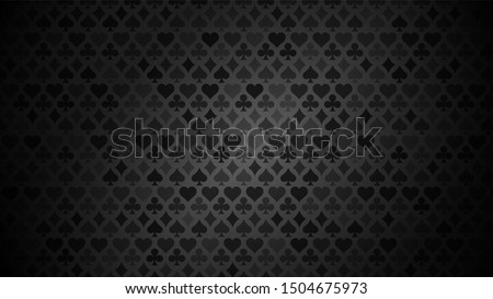Black background with card suits. Picture spades, hearts, diamonds, clubs. Background for gambling, casino advertising. Vector illustration.