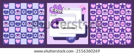 Set of banners. Purple patterns with various fashionable icons in the style of the 90s. Vector web page with search bar. Сollection of stickers with text and cool flat images.