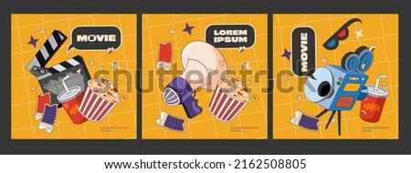 Banners about movies in retro style. Painted camera with tickets, a bucket of popcorn, a speaker and сlapper board on a bright background for your design. Text frame for main text.