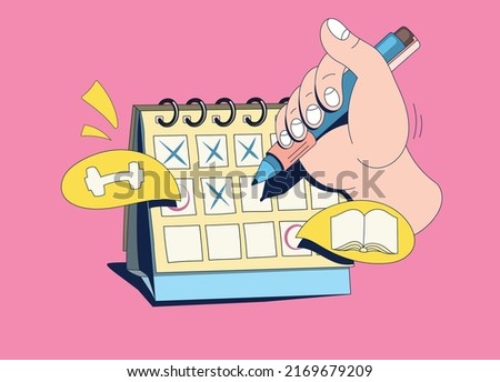 Flat vector hands with calendar. Hands hold a pen and write a list. Speech bubbles with icon on color background. Drawing in retro style.