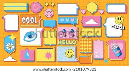 Set of talk bubble text, chat box, in retro style with drawing elements on a orange background. Stickers emoji and other things. Text block in doodle balloon and message window.
