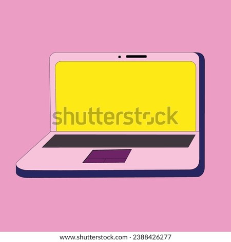 Laptop on a pink background. Laptop with dark keyboard and yellow screen. Laptop in vector style. With webcam and microphone.