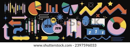 Business data market set elements. Pie, Line, Candlestick Chart. Charts and graphs. Planning and visualization of statistics. Isolated Design in 2d flat cartoon style for web, social media, print