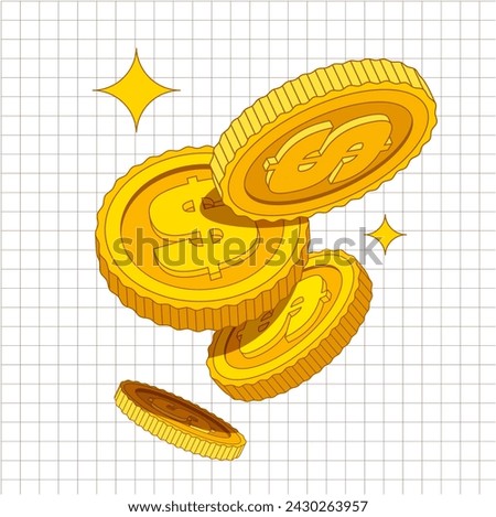 Set of vector gold coins in flat cartoon style. Flying coins or money. Isolated illustration of currency or dollar. Applicable for gambling games, jackpot, bank, financial illustration or banners.