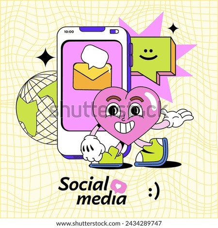 Social media platform in flat style. Cartoon character near the phone and communication text bubbles. Сoncept, hearts, chat, tooltip on light yellow background. Vector illustration in retro style