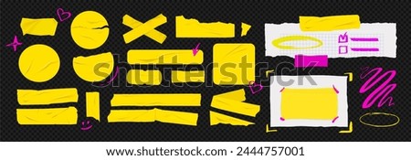 Template a tape with wrinkles. Set of yellow scotch for collage. Square and round stickers with glued texture. Vector realistic mockup set. Torn paper and plastic labels with pink arrows.