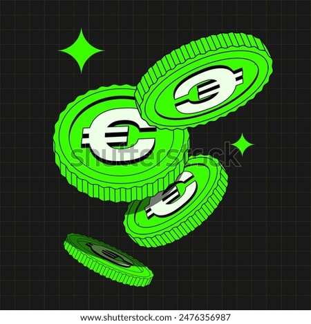 Bright Green Coins in flat style. illustration 90s of currency or dollar in retro y2k style . Flying Money. Applicable for gambling games, jackpot, bank, financial illustration or banners. Vector 