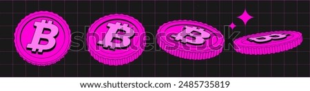 Bitcoin. Vector set of Coins in different view. Flat, 2D Сartoon Pink Digital currency. Cryptocurrency. Fintech Blockchain. Currentius Isolated. Illustration 90s of currency in Retro y2k style.