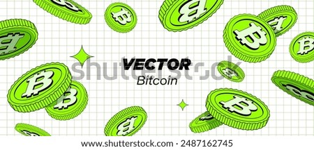 Bright green bitcoins are falling or flying in black background in . Cryptography Finance Tsoin Design. Fintech Blockchain. Flat style cartoon illustration. Use for financial illustration or banners.