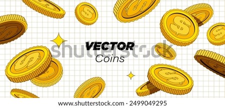 Bright golden coins are falling or flying in white background. Cartoon money in flat style. Use for gambling games, jackpot, bank, financial illustration or banners. Vector. Isolated elements.