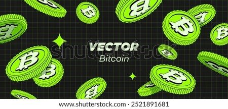 Bright Green  Bitcoin BTC are falling or flying in dark background. Flat style Coin illustration. Use for gambling games, jackpot, bank, financial illustration or banners. Vector. Cryptocurrency