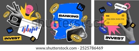 Contemporary banner with wallet, graph, coins, and credit card. Half-tone Hand holds a credit card. Gesture okay. Art collage depicts business and finance growth, teamwork, and online banking. Vector