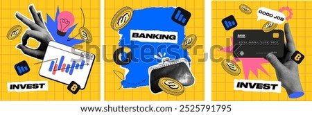 Contemporary banner with wallet, halftone hand, graph, coins, and credit card. Art Collage of business and Finance growth, teamwork, and online banking. Vector elements arrows and apps for bright back