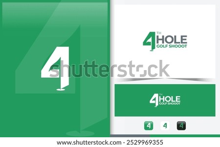 Word mark logo forming the negative space of the golf course flagpole in the number four with green color