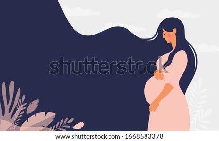 Modern banner about pregnancy and motherhood. Poster with a beautiful young pregnant woman with long hair and place for text. Minimalistic design, flat cartoon vector illustration