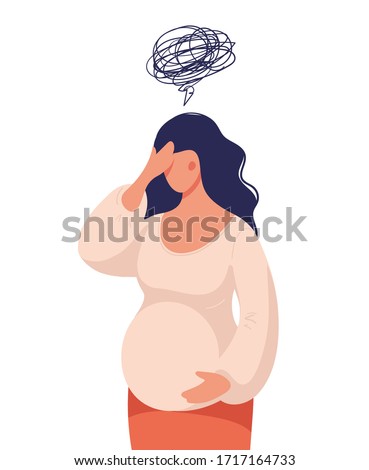 Concept illustration, a pregnant woman feels bad, worries, doubts the future, single mother. Difficulty during pregnancy. Flat vector illustration