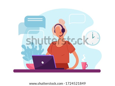 Woman with headphone and computer, call center, customer service and support. Flat vector illustration concept of distance work, distance education