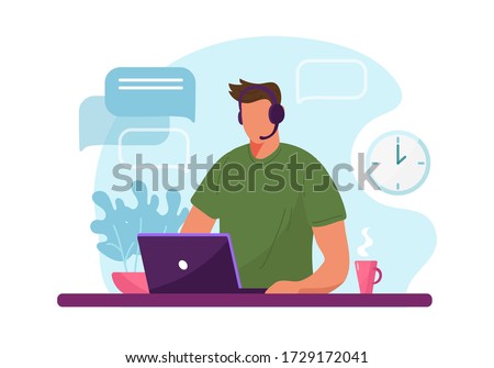 Man with headphone and computer, call center, customer service and support. Flat vector illustration concept of distance work, distance education