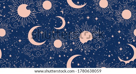 Seamless blue space pattern with sun, crescent and stars on a blue background. Mystical ornament of the night sky for wallpaper, fabric, astrology, fortune telling. Vector illustration