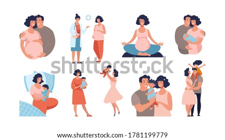Set about pregnancy and motherhood. Dad and mom with a baby, the child is growing, yoga for pregnant women, a happy family. Flat vector cartoon illustration isolated on white background.