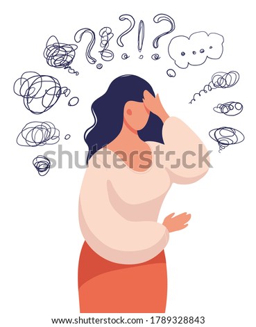 A woman thinks over a problem, suffers from obsessive thoughts, headache, unresolved issues, psychological trauma, depression. Flat vector illustration.