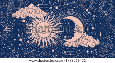 Magic banner for astrology, divination, magic. The device of the universe, crescent moon and sun with moon on a blue background. Esoteric vector illustration, pattern