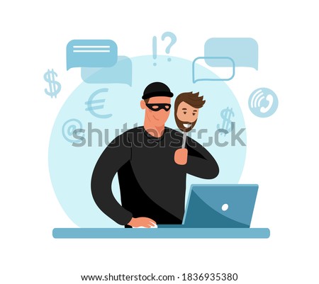 Online crime concept illustration, online social media fraud. A swindler and a thief are working at the computer. Vector flat illustration isolated on white background 商業照片 © 