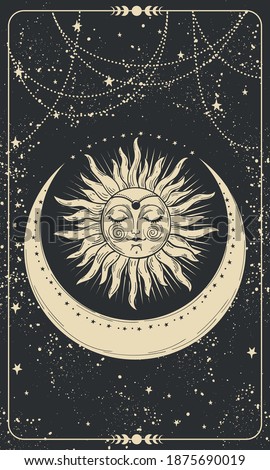 Mystical drawing of the sun with a face, tarot cards, boho illustration, magic card. Golden sun with closed eyes on a black background with stars. Vector hand drawing