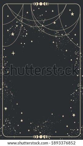 Vintage celestial mystical background for astrology, divination, tarot. Black postcard with a frame in a bohemian design, stars and jewelry, copy space. Magic vector illustration