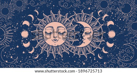 Magic background for tarot, astrology, magic. The device of the universe, crescent moon and sun with a face on a blue background. Esoteric vector illustration