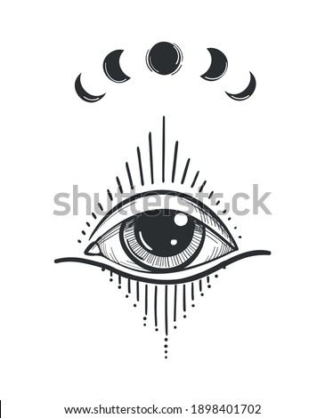 Vintage tattoo with luminous all-seeing eye, mystical symbol, boho design. Hand drawing isolated on white background, sacred geometry, foresight and magic. Vector illustration