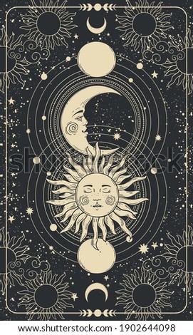 Mystical drawing of the sun with face, moon and crescent moon, background for a tarot card, magic boho illustration. Golden sun with closed eyes on a black background with stars, planets, moon. Vector