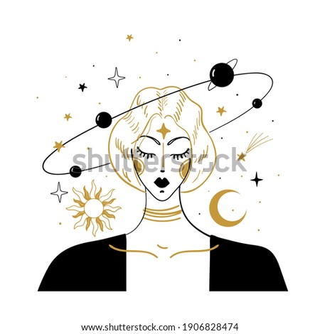 Mystical hand drawing in vintage style. Portrait of a girl with flying stars and planets around. The concept of meditation and balance, spiritual calmness. Vector illustration isolated on white