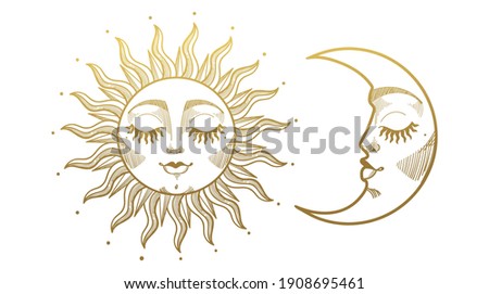 Set of beautiful golden mystical elements in boho style, sun and crescent moon with face. Design elements, tattoos, stickers. Linear vector illustration isolated on white background.